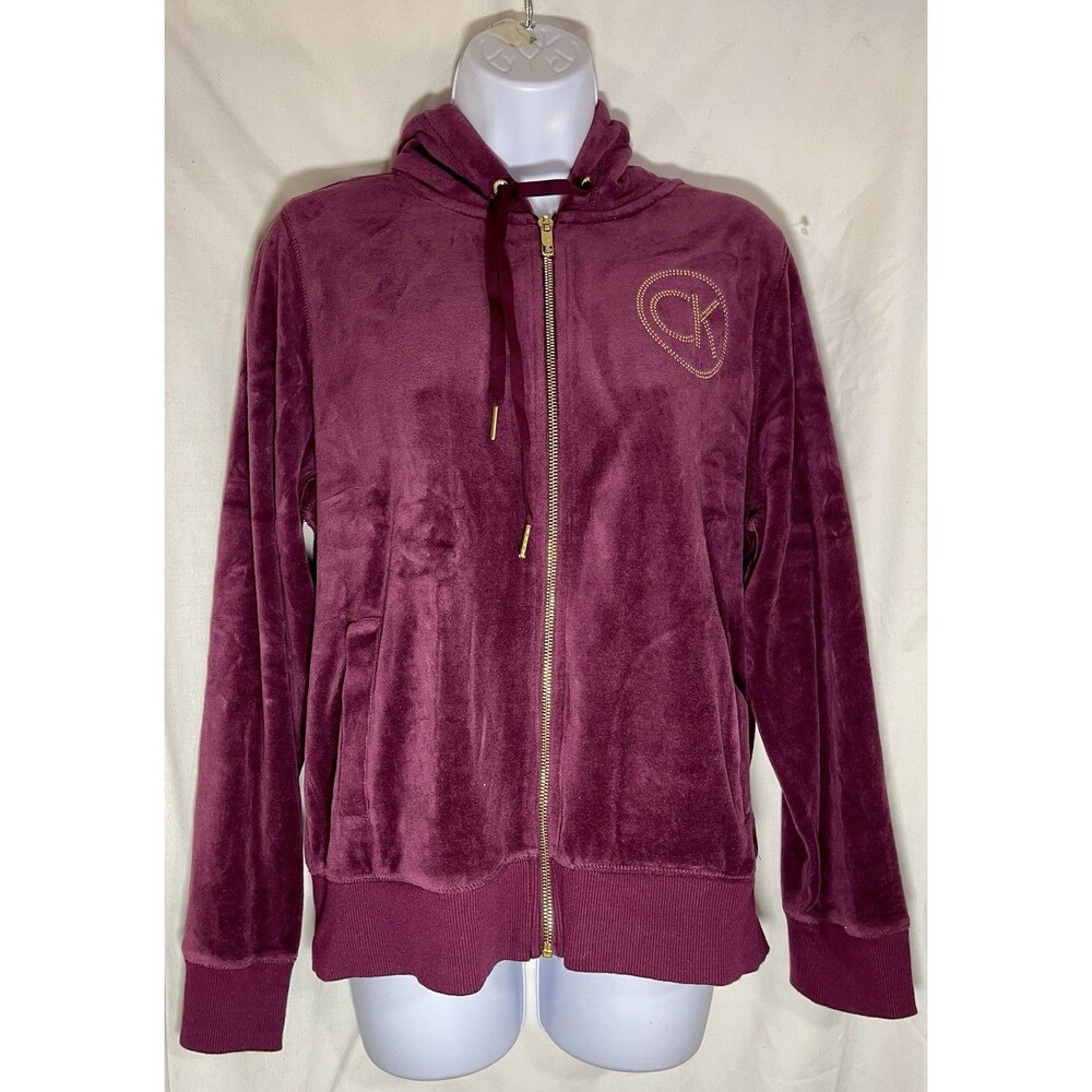 Calvin Klein Women Velour Zip Up Hoodie Jacket L Plum Purple Rhinestone Logo CK